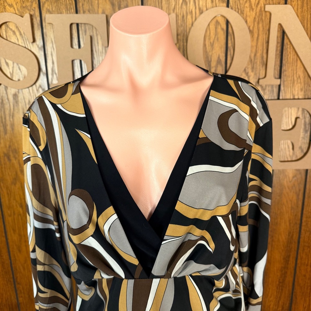 Cato Blouse Women Large Black Brown Retro Swirl Y2K Grunge V-Neck Wrap Top - Picture 2 of 5
